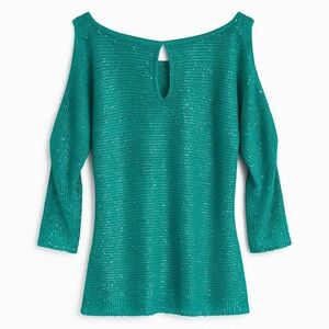 Boston Proper Aqua Sequin Cold Shoulder Summer Top Date Night Outfit Medium